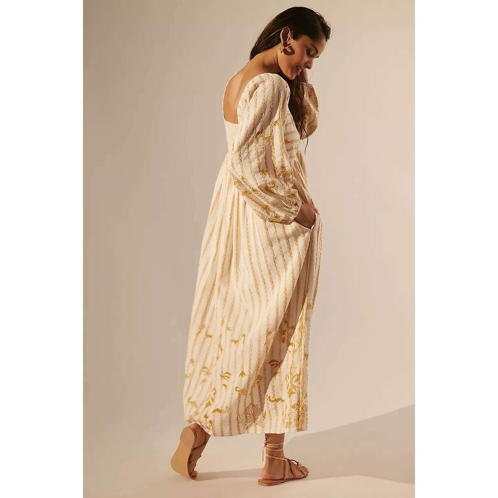 Anthropologie By Anthropologie Embroidered Tie-Front Maxi Dress Cream Gold M - Picture 2 of 13
